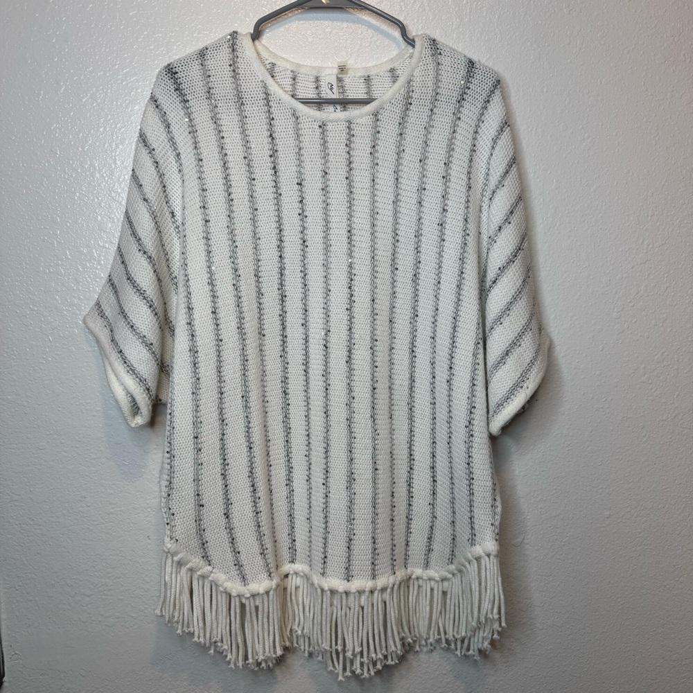 NY Collection Petite Sweater Poncho Sequins and Fringe Oversized Fit Size Small